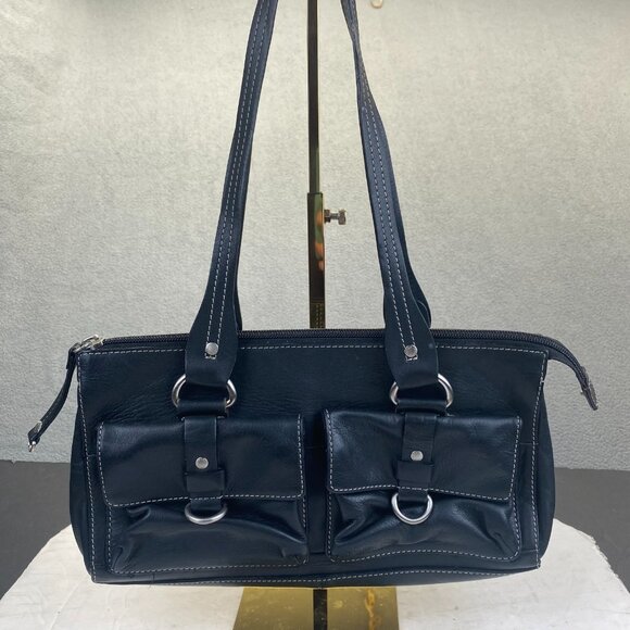 Fossil Black Leather Handbag Purse Shoulder Bag 75082,Zipper,Pockets - Picture 1 of 12